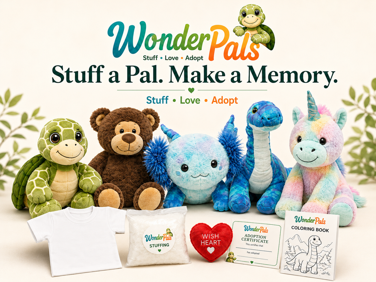 A promotional product display for WonderPals Stuff a Pal. Make a Memory, featuring five plush toys (a green turtle, brown bear, blue creature, blue dinosaur, and pastel unicorn), a white t-shirt, a white pillow, a red heart-shaped wish heart, an adoption certificate, and a coloring book, all arranged on a light cream background with decorative leaves and the WonderPals logo.